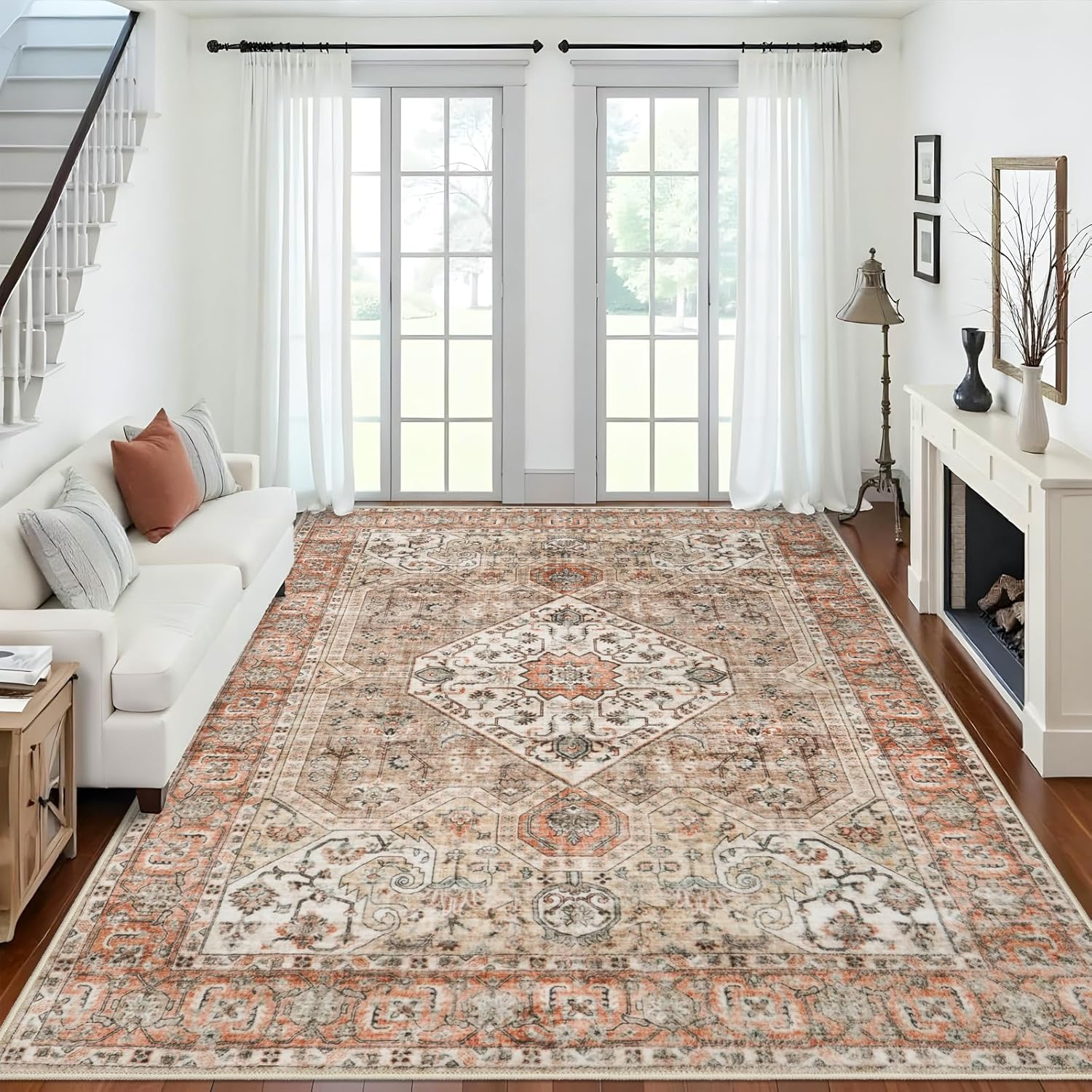 Washable 9x12 Large Area Rug: Vintage Non-Slip Backing Rugs for Living Room Stain Resistant Bedroom Carpet Soft Medallion Farmhouse Floor Mat for Dining Room Home Office 9x12 Brown/Orange
